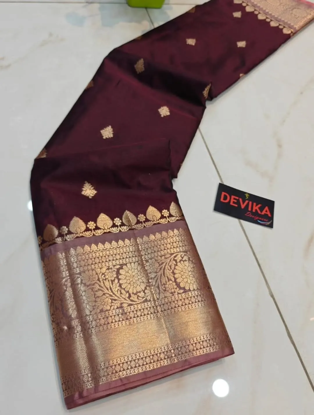 Mahogany Brown Soft Tissue Banaras Saree with Copper Zari Buttas